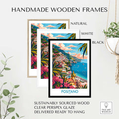Handmade wooden frames for Positano Wall Art Coastal Print for Home or Office Decor in natural, white, and black finishes.