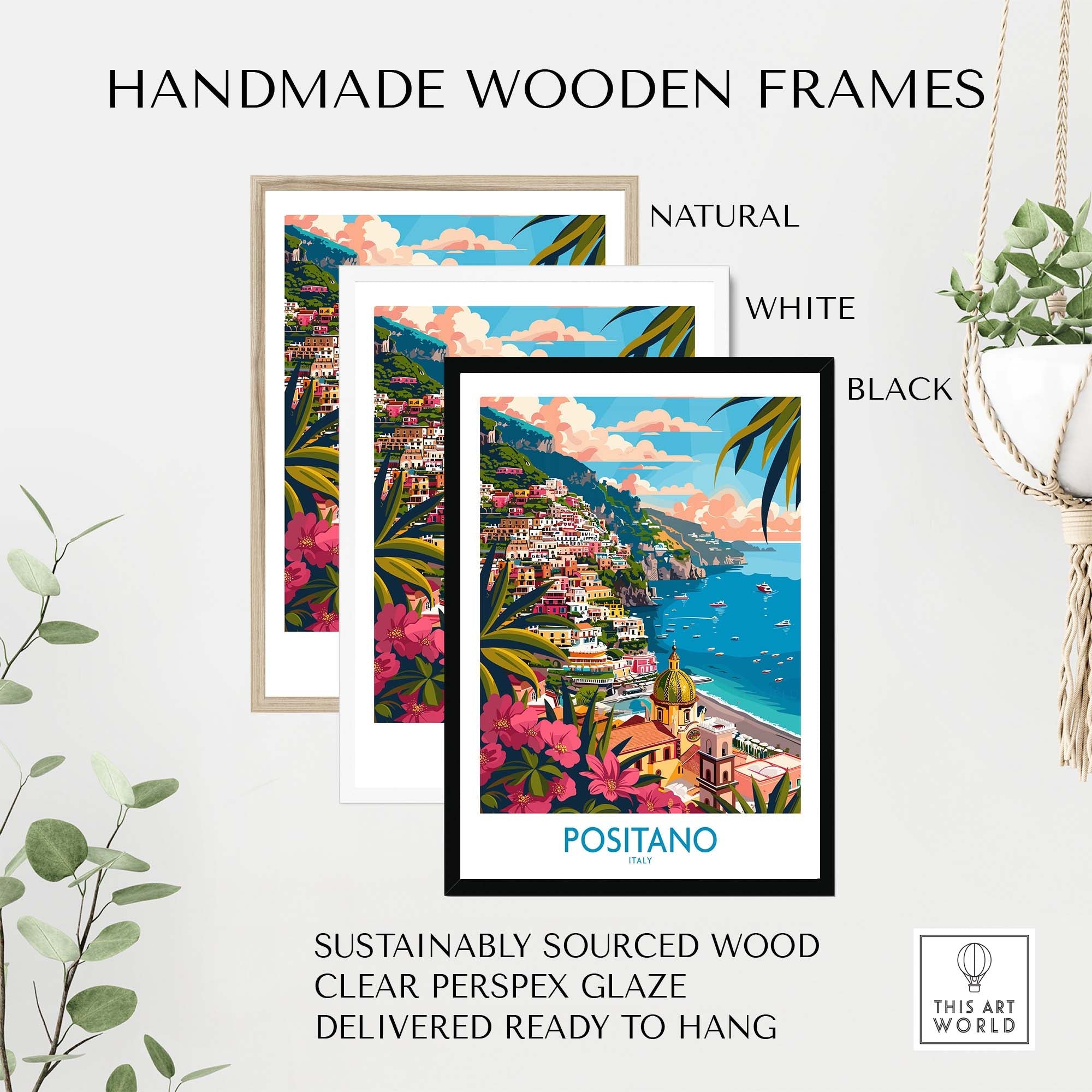 Handmade wooden frames for Positano Wall Art Coastal Print for Home or Office Decor in natural, white, and black finishes.