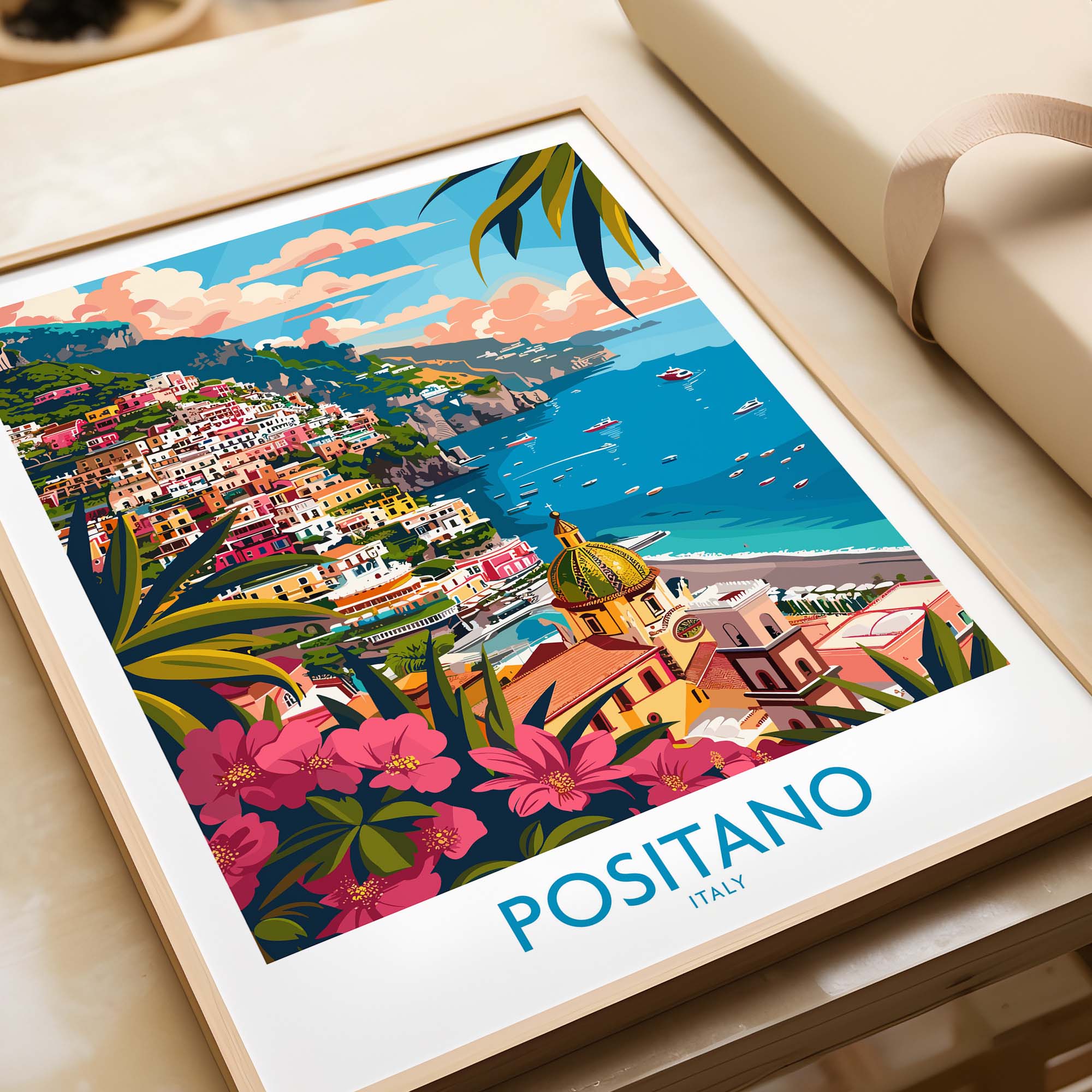Positano Wall Art Coastal Print for Home or Office Decor showcasing vibrant Italian town and coastal scenery.