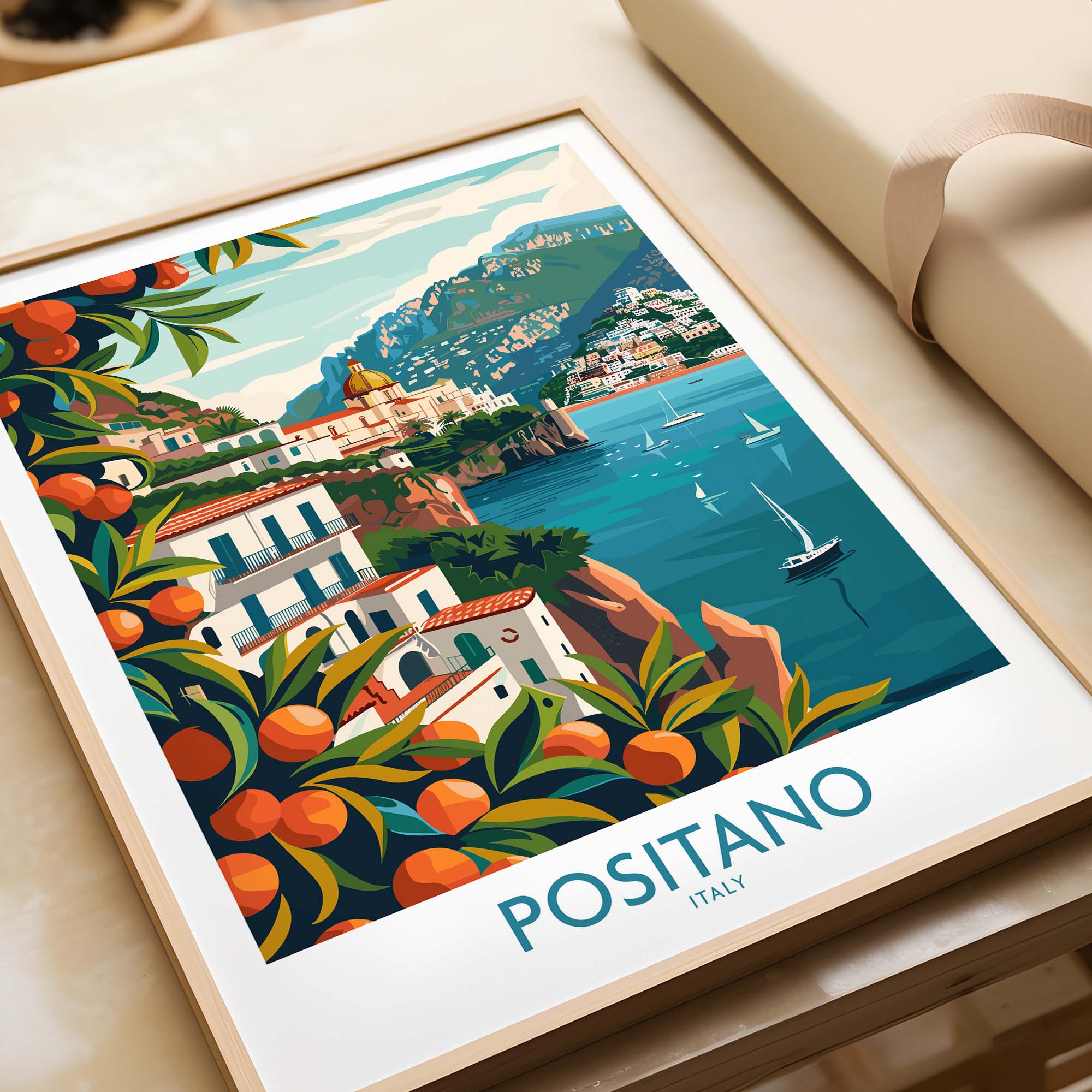 Positano Wall Art featuring a vibrant view of Positano, Italy with colorful orchards and scenic coastline.