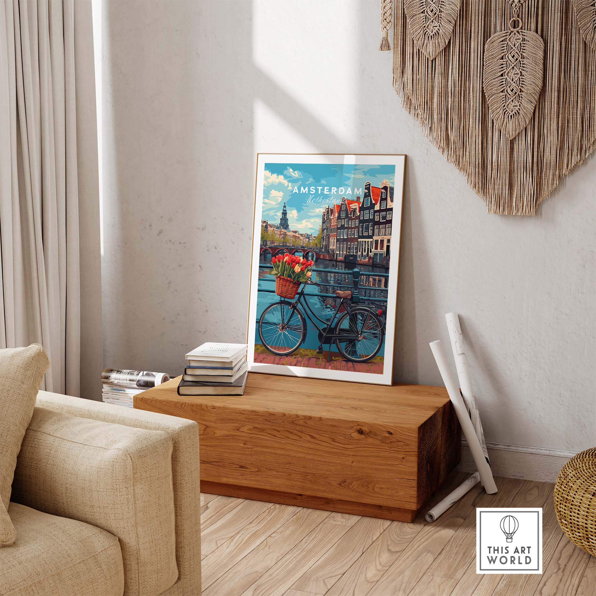 Poster of Amsterdam with bike and tulips on display in cozy living room, adding vibrant energy and charm to the decor.