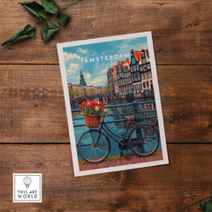 Amsterdam poster with bike and tulips on canal bridge, Dutch scenery art print on wooden background, Netherlands decor.