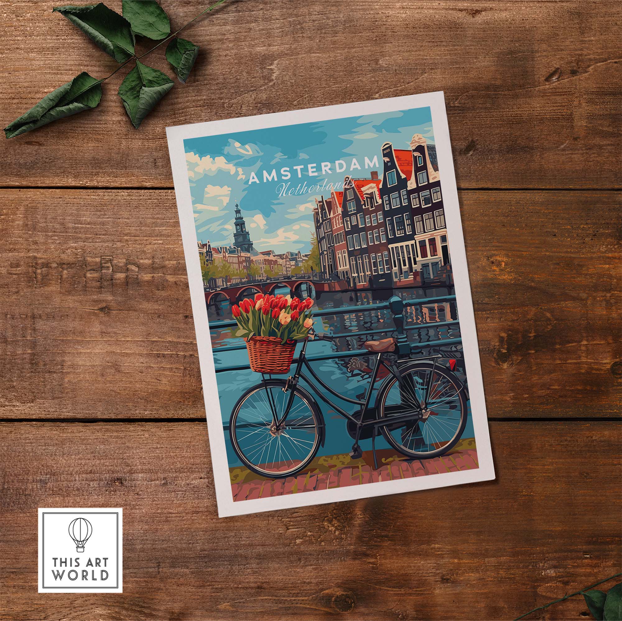 Amsterdam poster with bike and tulips on canal bridge, Dutch scenery art print on wooden background, Netherlands decor.