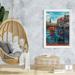 Amsterdam poster with bike and tulips in stylish room decor setting.