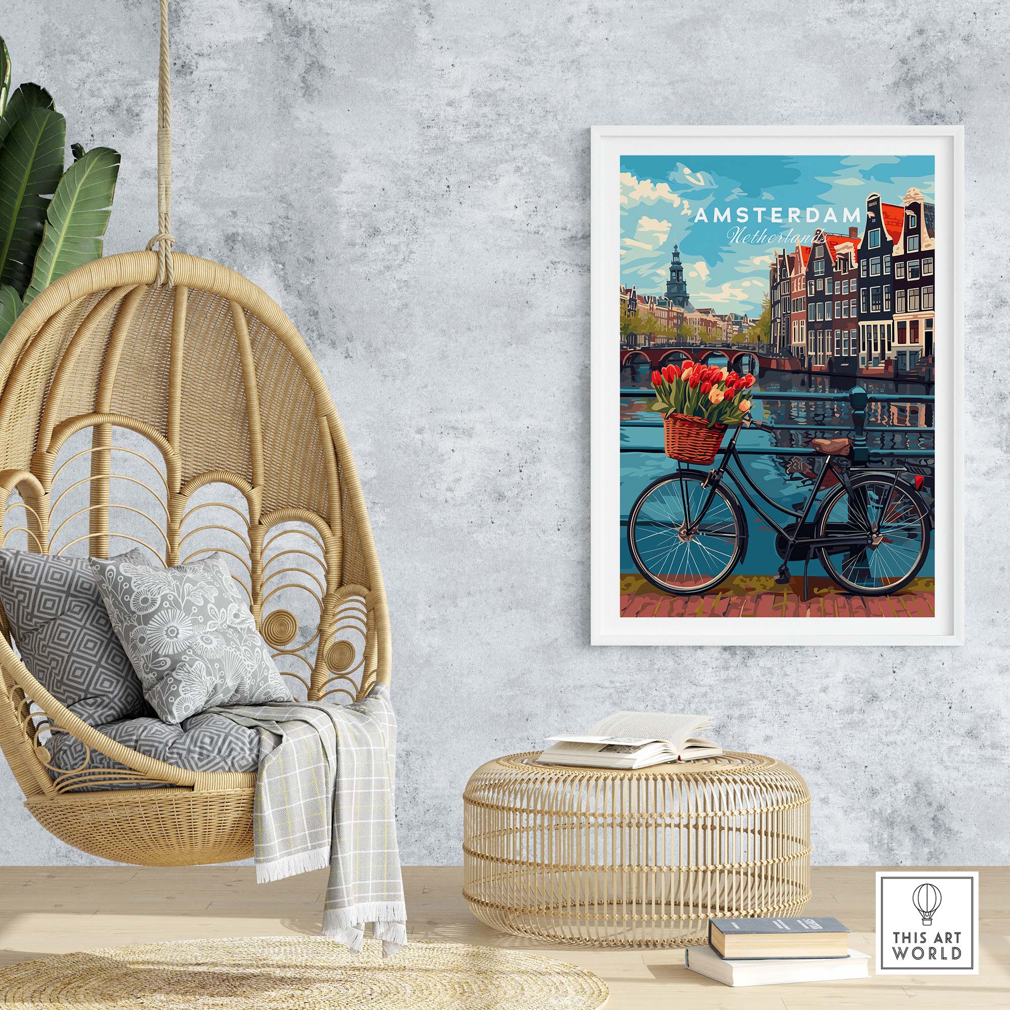 Amsterdam poster with bike and tulips in stylish room decor setting.