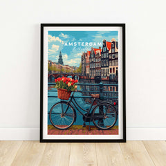 Amsterdam poster with a bike and tulips by the canal, showcasing charming Dutch architecture and iconic city scene.