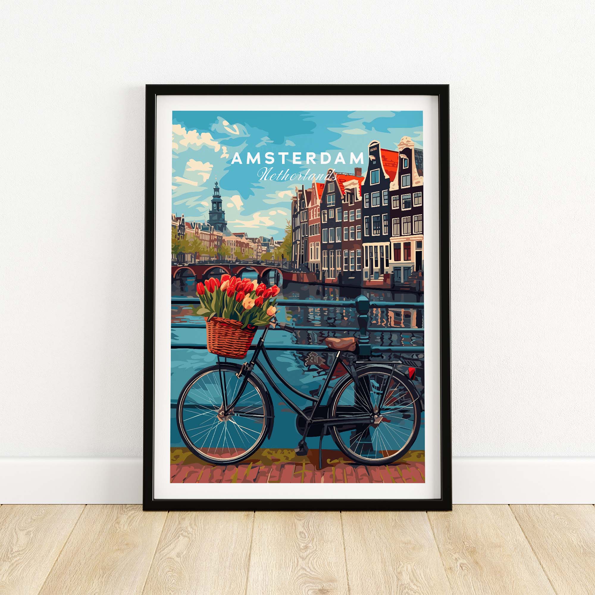 Amsterdam poster with a bike and tulips by the canal, showcasing charming Dutch architecture and iconic city scene.