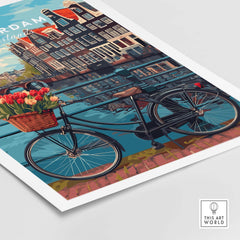Amsterdam poster featuring bikes and tulips by a canal, capturing the city's charm and vibrant atmosphere. Perfect for home decor.