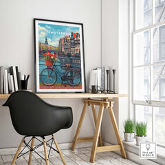 Amsterdam poster with bikes and tulips in a stylish interior setting, showcasing the charm and energy of the city.