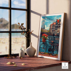 Amsterdam poster with bikes and tulips by a sunny window, showcasing vibrant city charm and iconic Dutch elements.