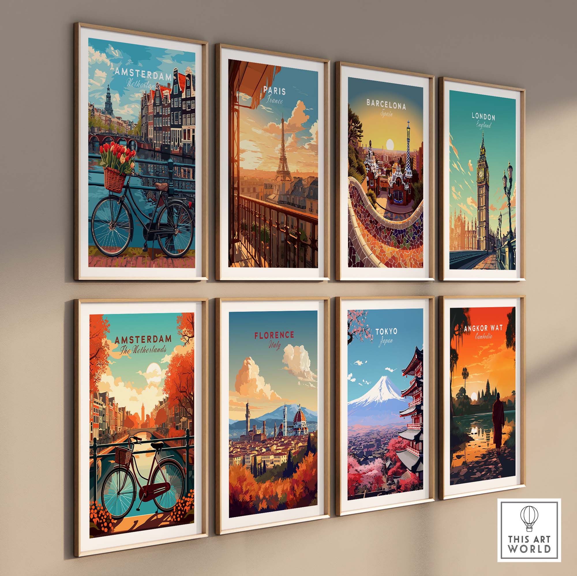 Art gallery displaying city posters including Amsterdam with bikes and tulips, Paris, Barcelona, London, Florence, Tokyo, and Angkor Wat.