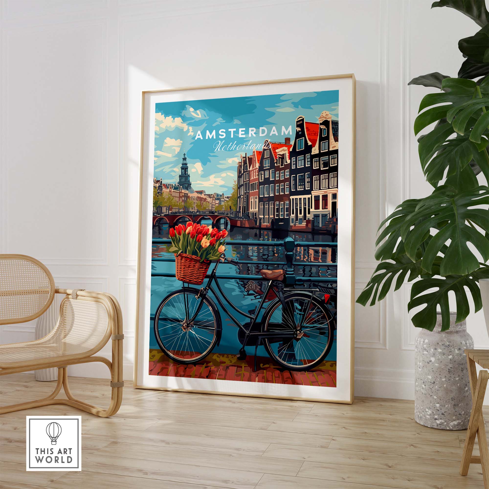 Amsterdam poster featuring a bike with tulips, canal view, and historic buildings, perfect for travel-inspired home decor.