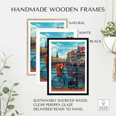 Amsterdam poster with bikes and tulips, available in natural, white, and black handmade wooden frames. Sustainable and ready to hang.