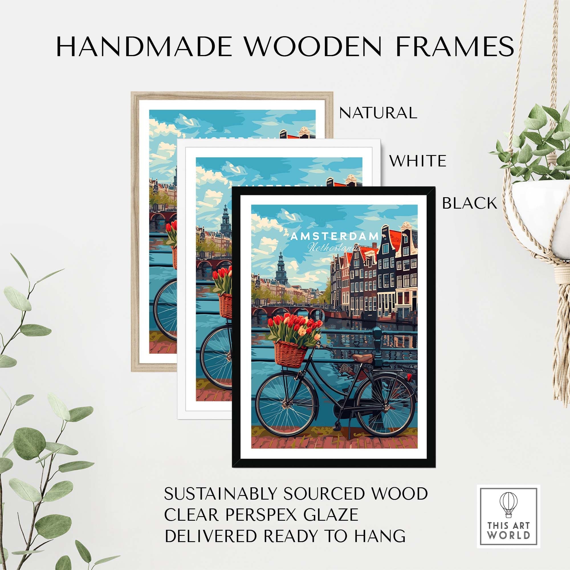 Amsterdam poster with bikes and tulips, available in natural, white, and black handmade wooden frames. Sustainable and ready to hang.