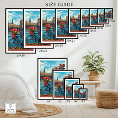Amsterdam poster size guide with tulips and bike design displayed in various dimensions for wall art decor.