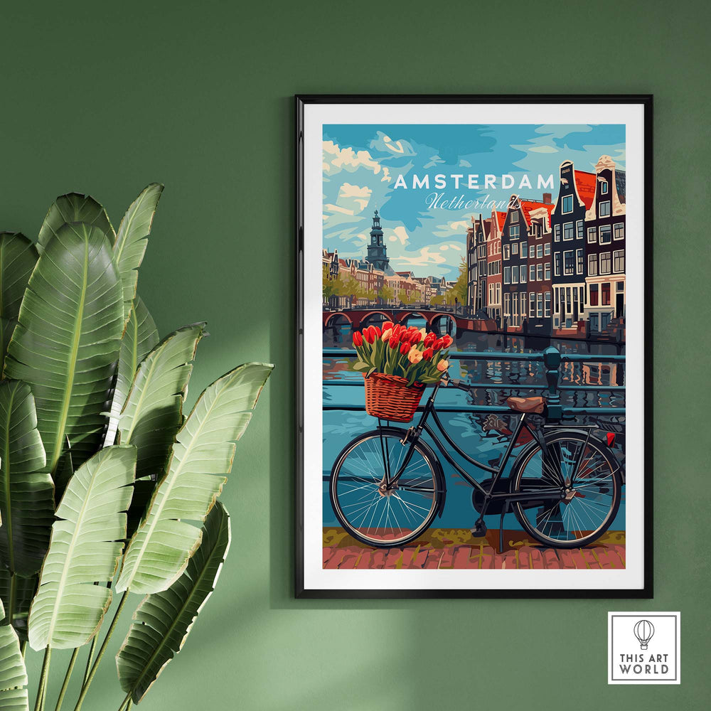 Amsterdam poster with bike and tulips, featuring canal and historic buildings, framed on a green wall background.