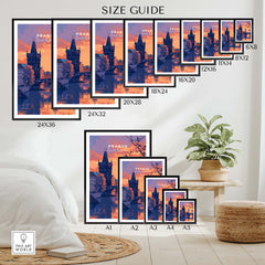 Size guide for Prague Poster showcasing various frame sizes and styles in a beautifully designed room.