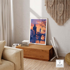 Prague Poster showcasing a sunset over the city, adding sophistication to any room decor.