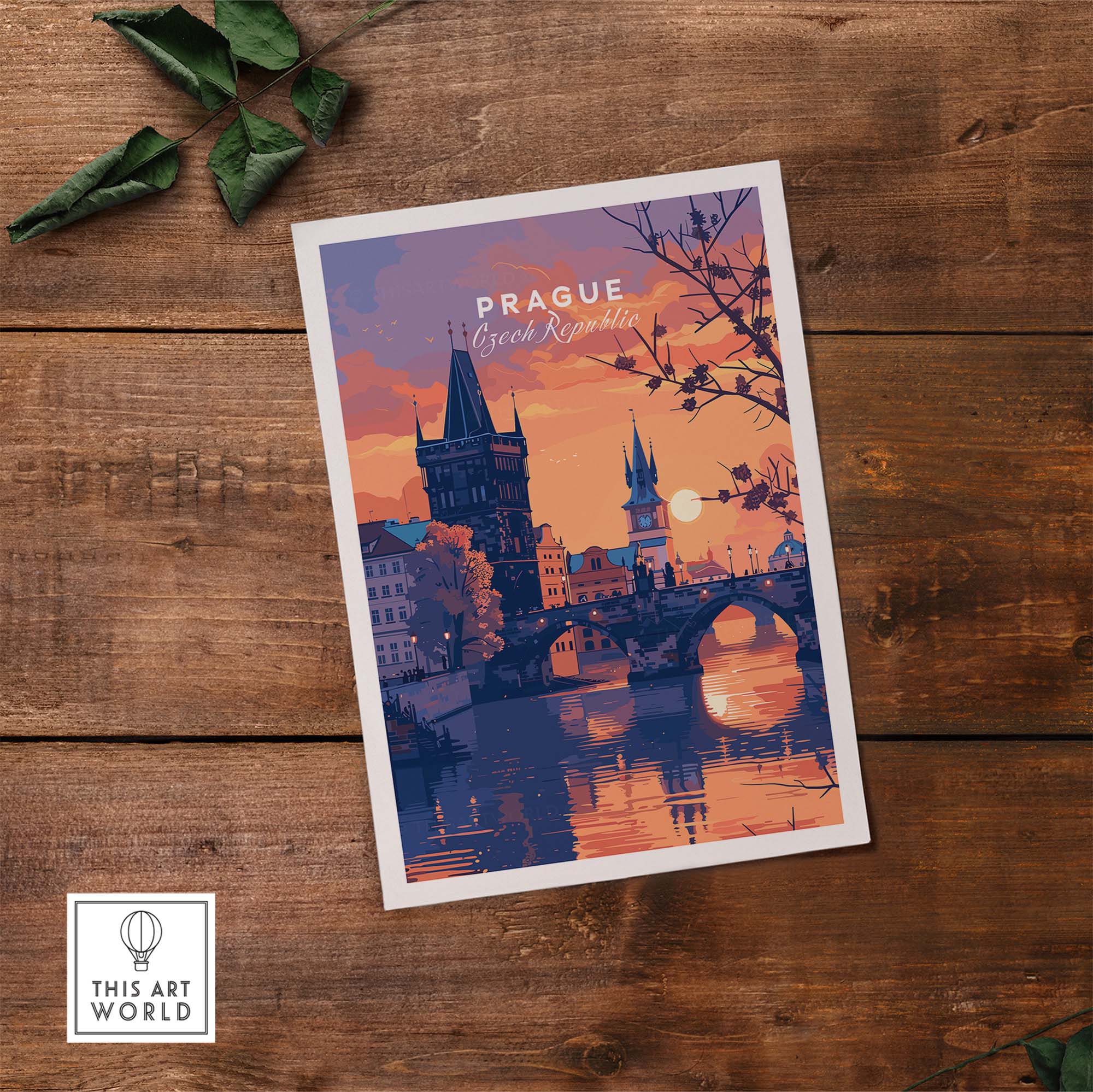 Prague Poster showcasing a sunset over the city, ideal for home decor and European travel enthusiasts.
