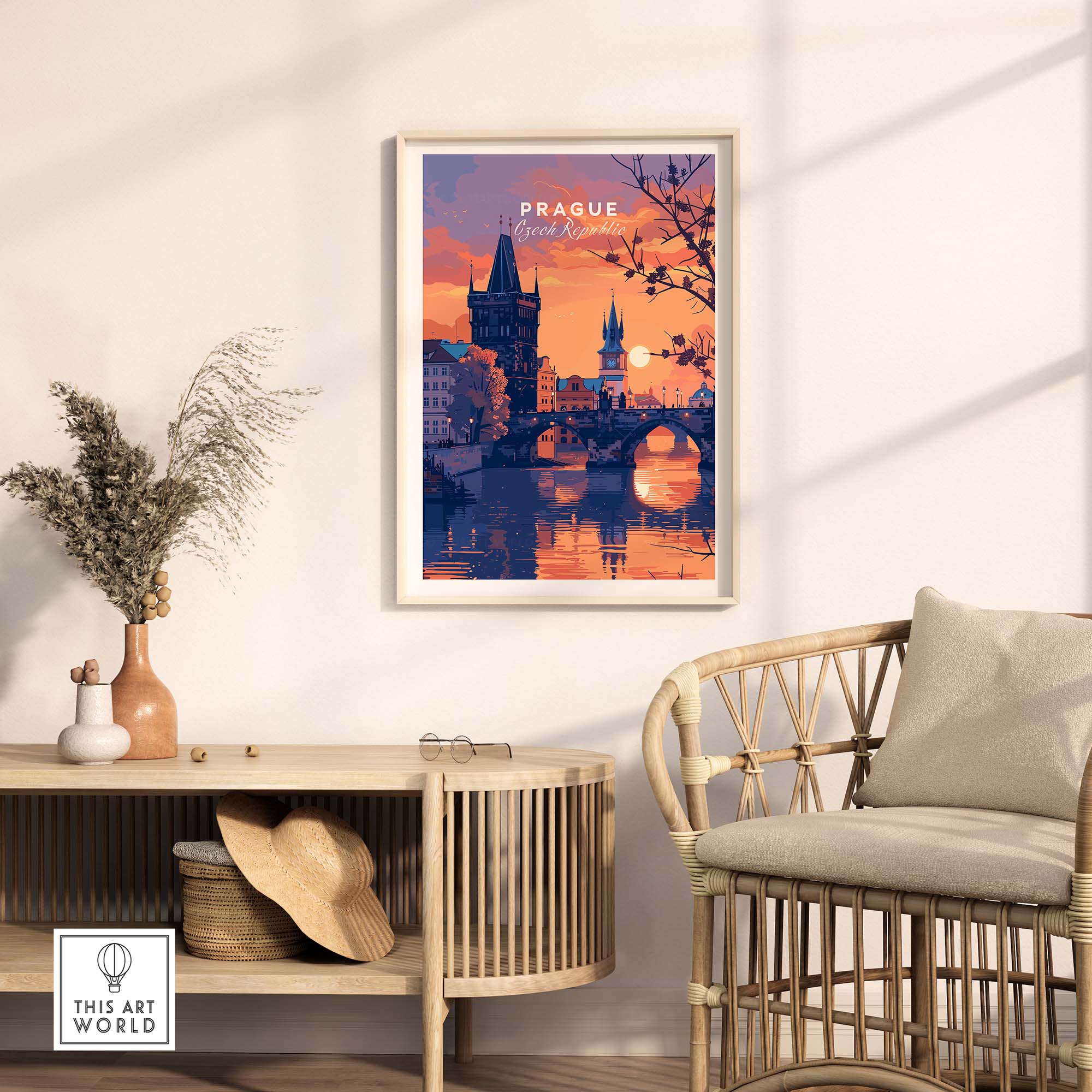 Prague Poster showcasing a stunning sunset over the city, perfect for adding sophistication to any room.