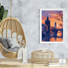Prague Poster showcasing a sunset view over the city, perfect for adding sophistication to any room.