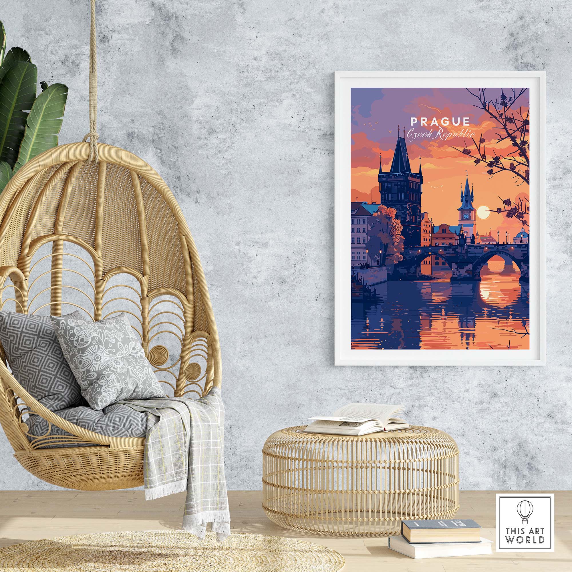 Prague Poster showcasing a sunset view over the city, perfect for adding sophistication to any room.