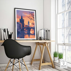Prague Poster showcasing a stunning sunset view over the city landscape in a stylish interior setting.