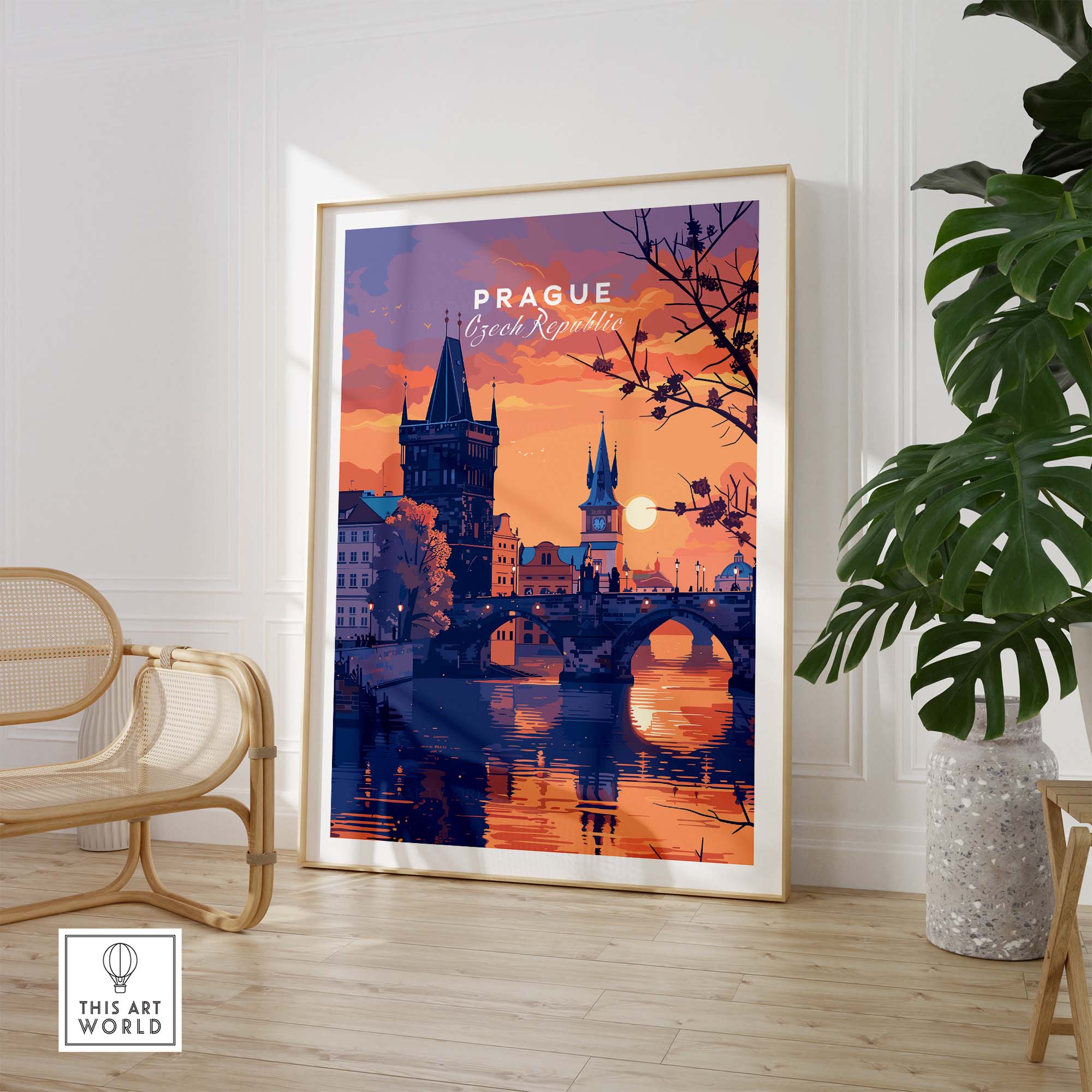 Prague Poster featuring a beautiful sunset over the city with historic architecture and water reflections.