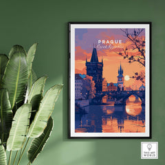 Prague Poster featuring a stunning sunset over Czech architecture and the Vltava River.