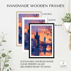 Prague Poster framed in handmade wooden frames, showcasing a sunset view of Prague, available in natural, white, and black.