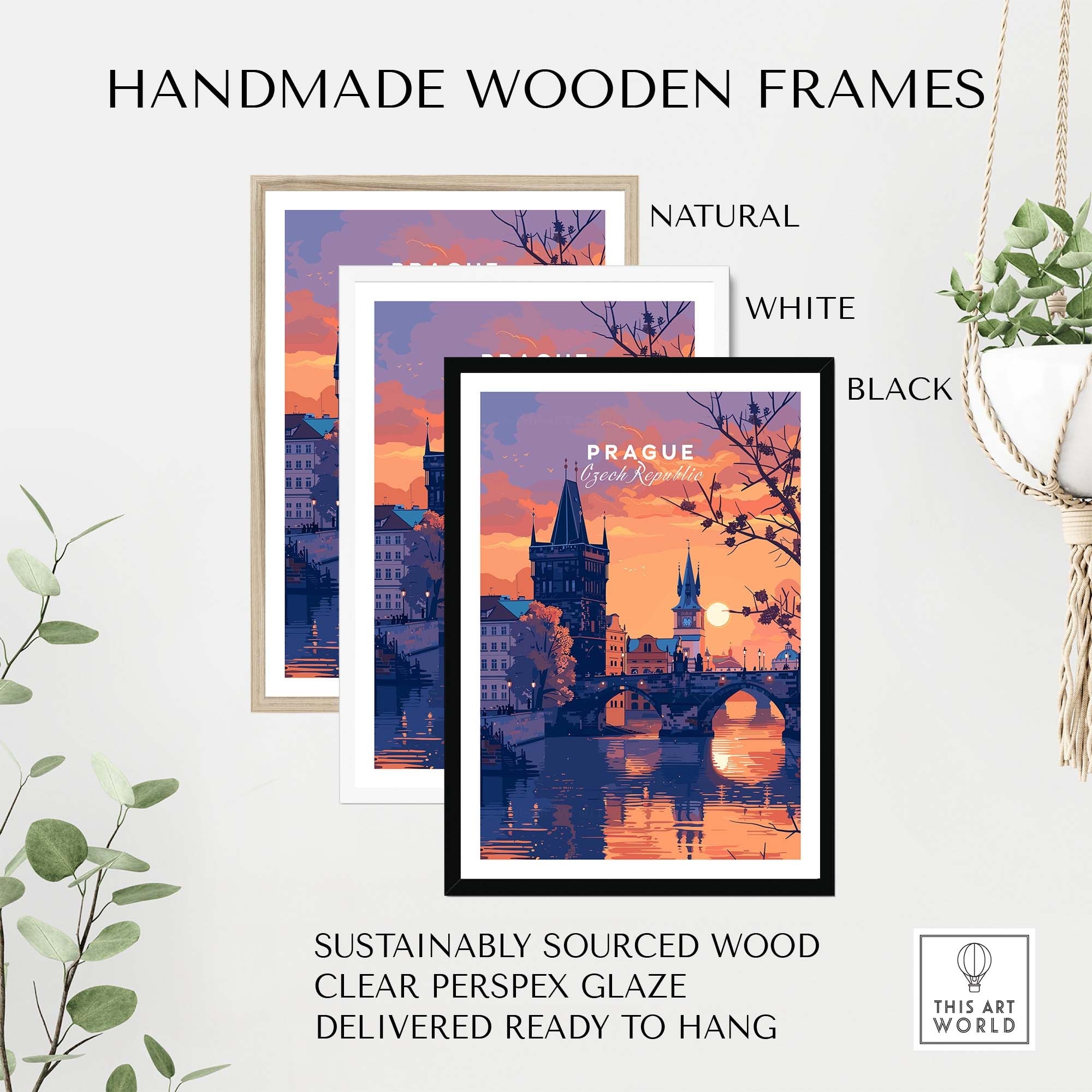Prague Poster framed in handmade wooden frames, showcasing a sunset view of Prague, available in natural, white, and black.