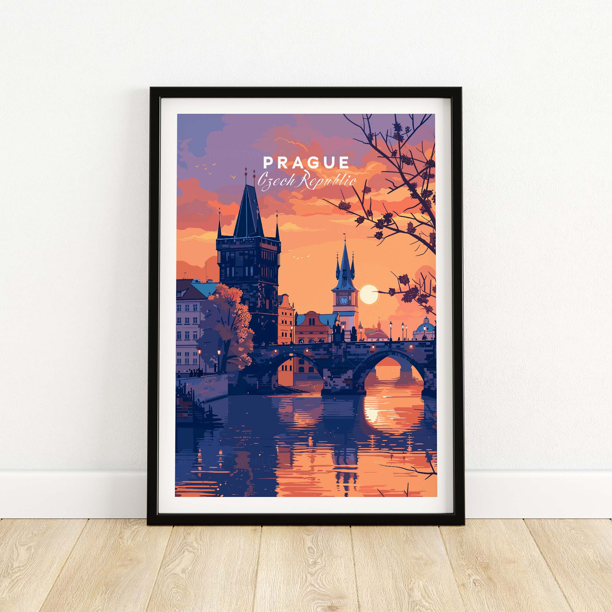 Prague Poster showcasing a stunning sunset over the city with reflected lights in the water.