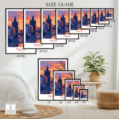 Size guide for Prague Print featuring various frame sizes and a beautiful Prague cityscape.