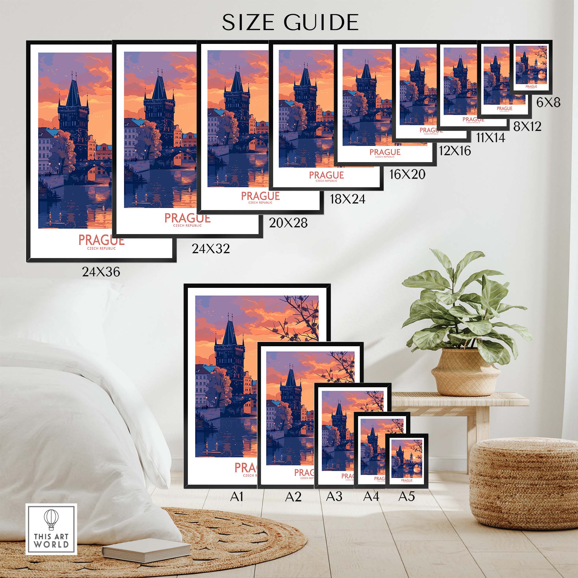 Size guide for Prague Print featuring various frame sizes and a beautiful Prague cityscape.
