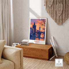 Prague Print showcasing a vibrant view of the city's architecture and sunset, perfect for home decor.