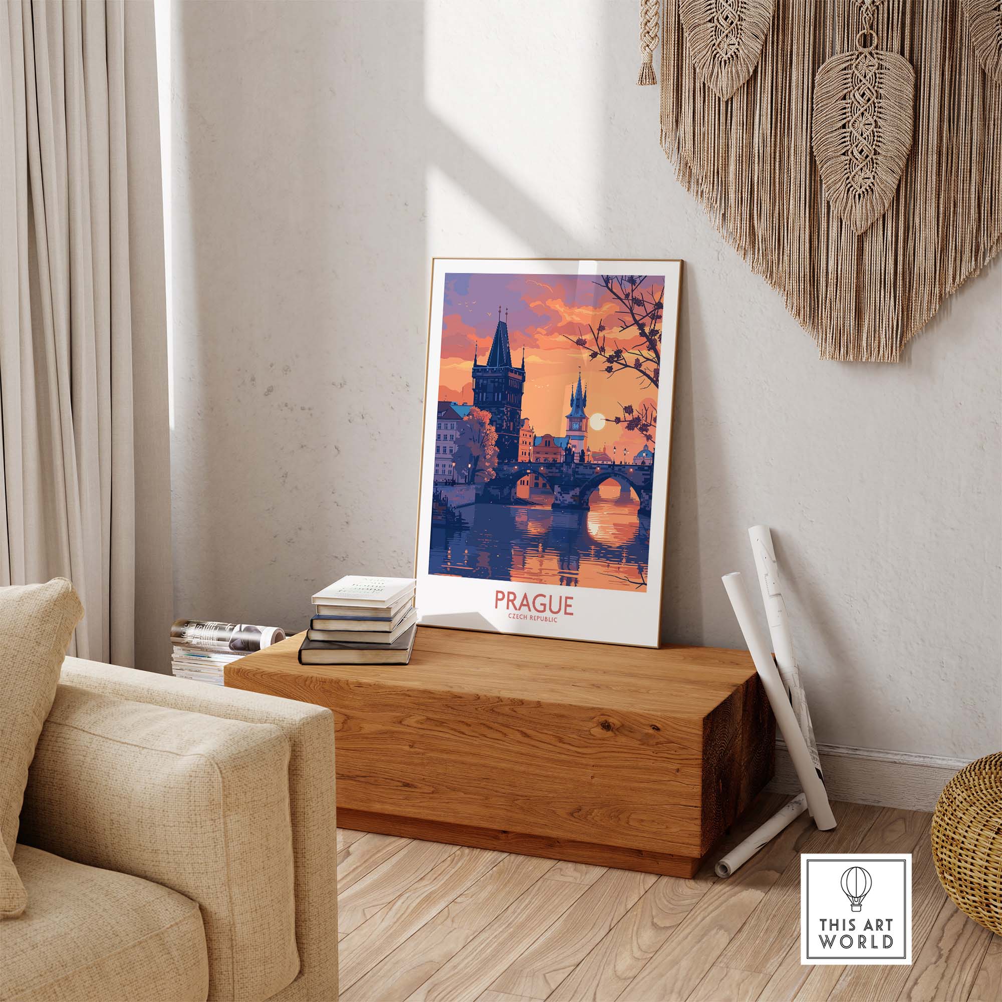 Prague Print showcasing a vibrant view of the city's architecture and sunset, perfect for home decor.