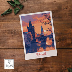Prague Print showcasing a stunning sunset view of Prague's landmarks on wooden surface.