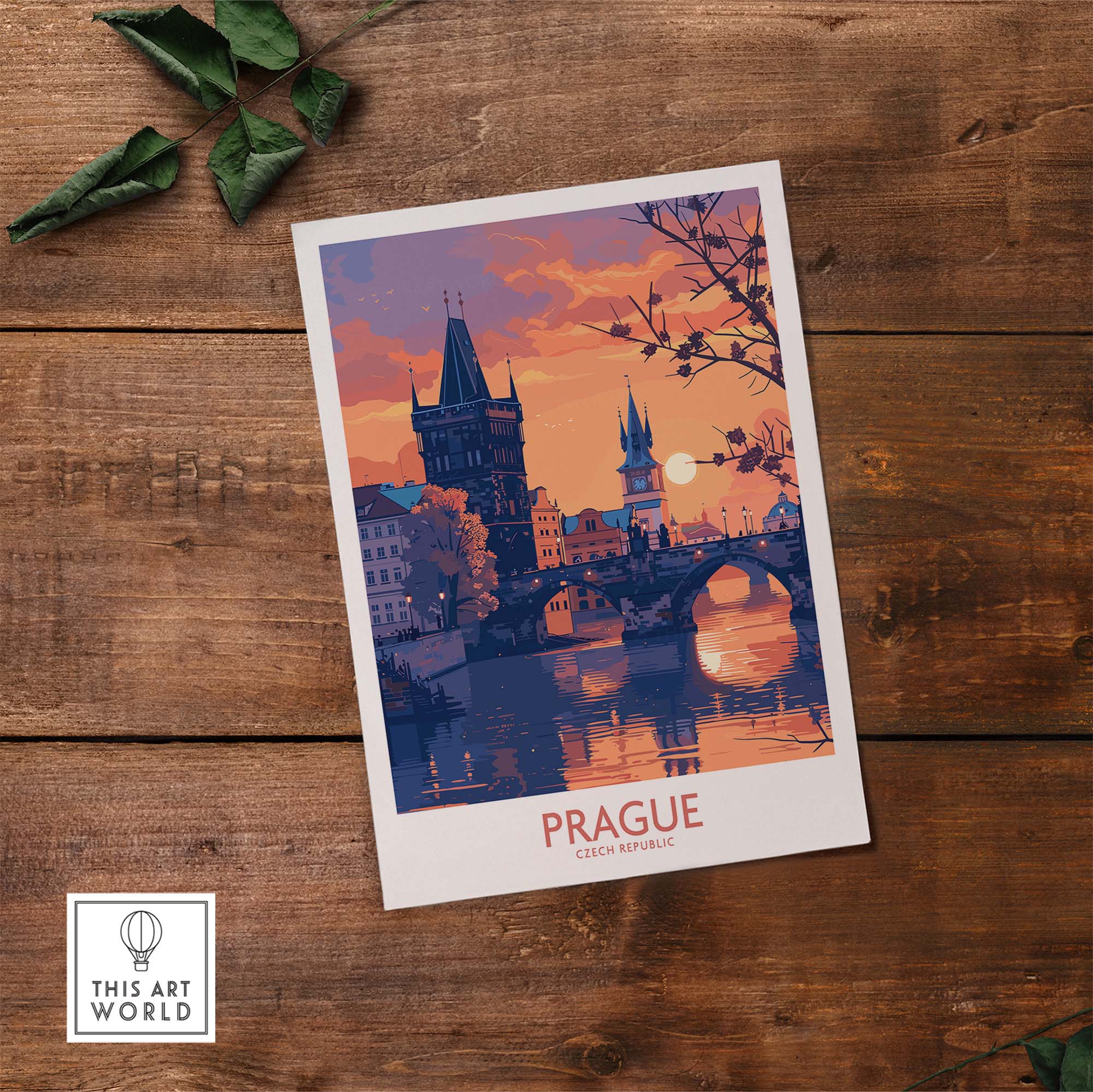 Prague Print showcasing a stunning sunset view of Prague's landmarks on wooden surface.