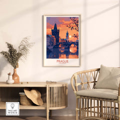 Prague Print showcasing a vibrant sunset over the historic cityscape of Prague in home decor setting.