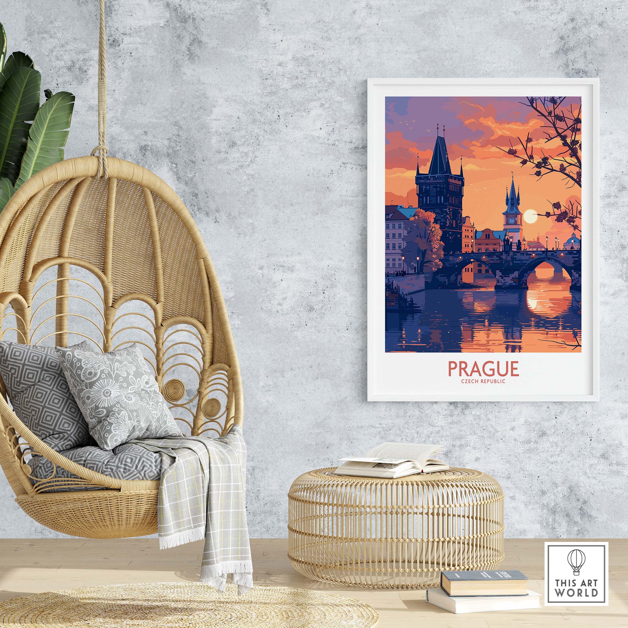 Prague Print showcasing the beautiful cityscape with vibrant colors in a cozy home decor setting.