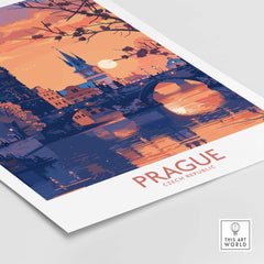 Prague Print showcasing a vibrant sunset over the iconic cityscape of Prague, Czech Republic art.