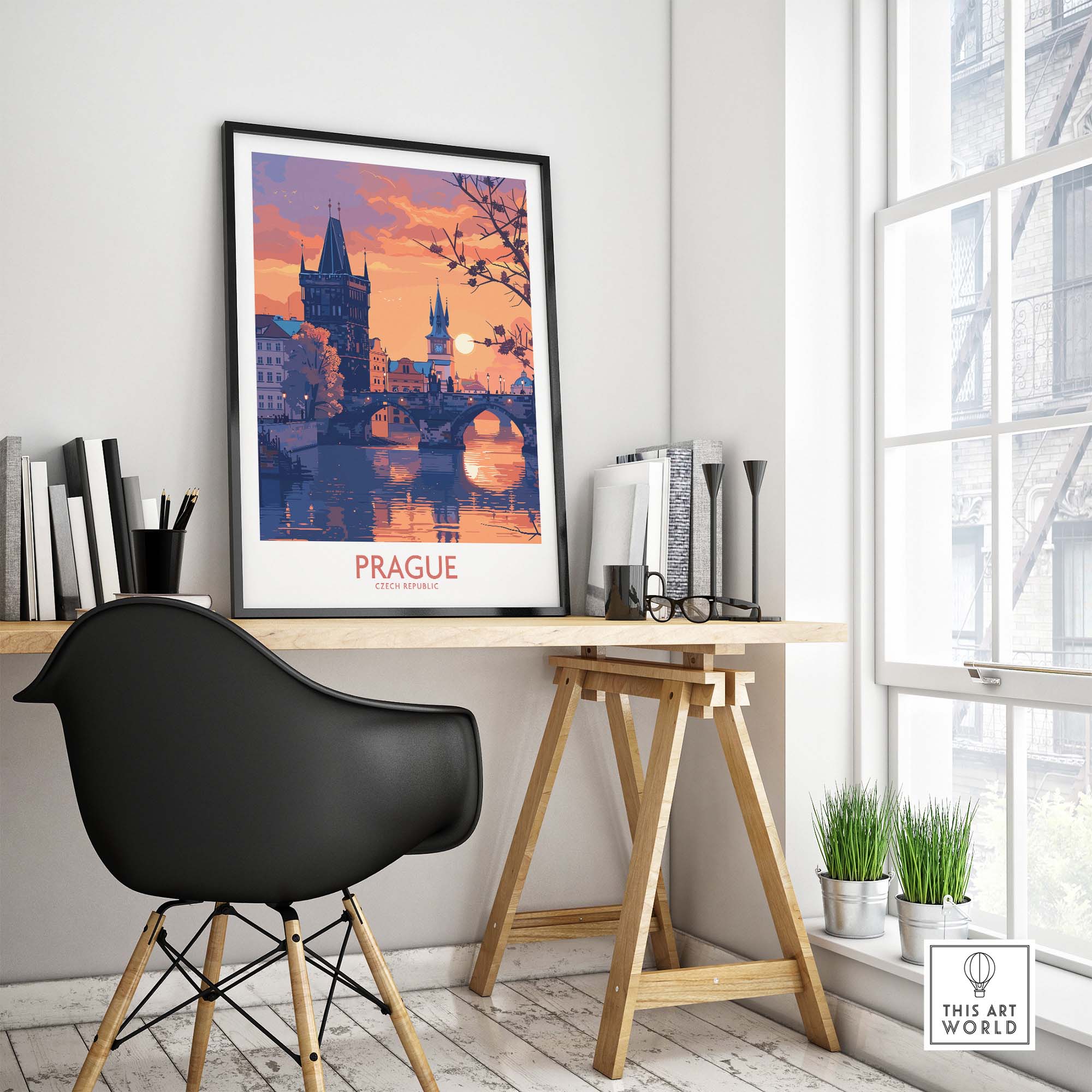 Prague Print showcasing the vibrant cityscape of Prague in home decor with stylish desk and chair.