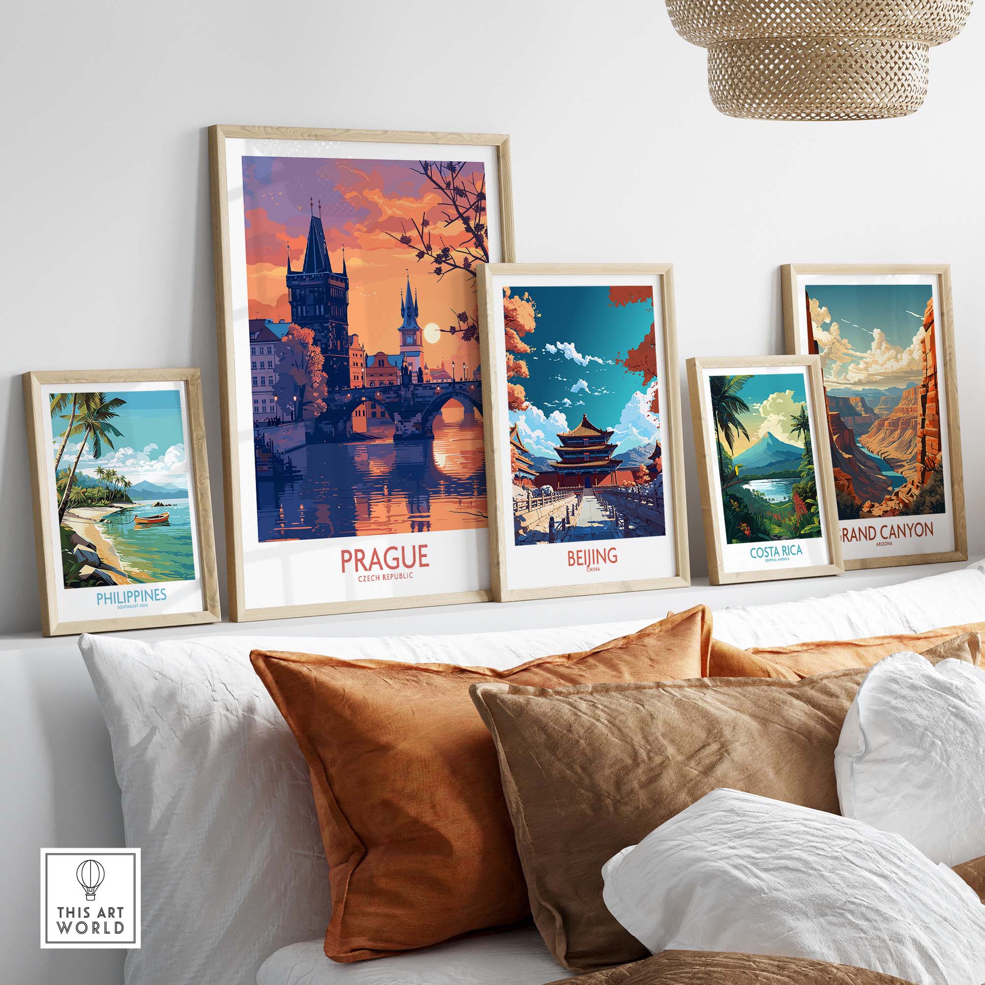 Prague Print displayed among vibrant travel prints of various destinations on a stylish wall.