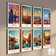 Prague Print showcasing beautiful cityscapes of Prague alongside other famous cities in vibrant colors.