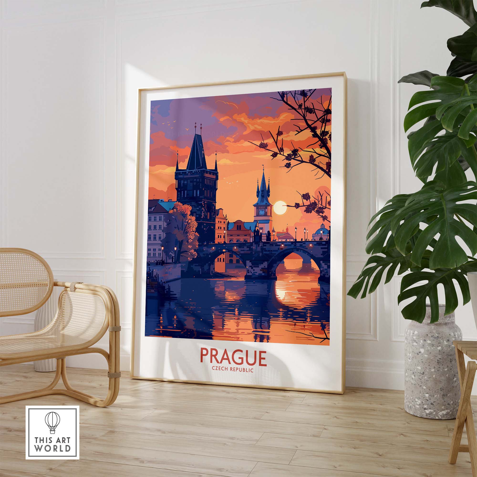 Prague Print featuring a vibrant sunset view of Prague's architecture and river landscape, perfect for home decor.