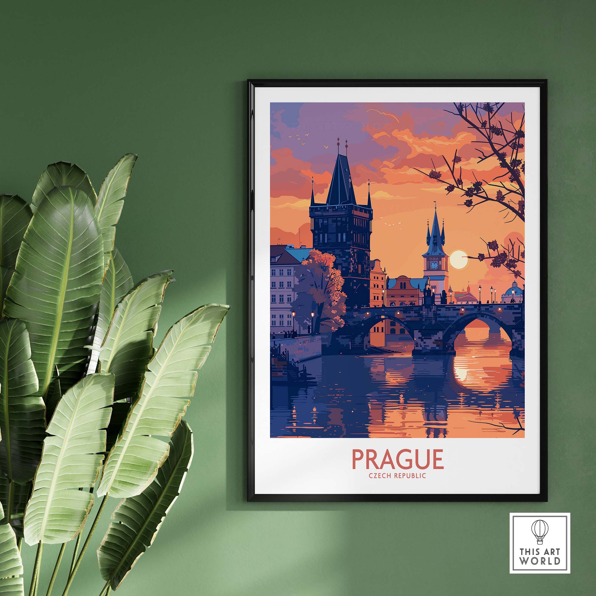 Prague Print showcasing the stunning cityscape of Prague at sunset, perfect for home decor.