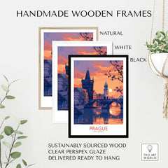 Prague Print displayed in handmade wooden frames in natural, white, and black finishes with clear perspex glaze.