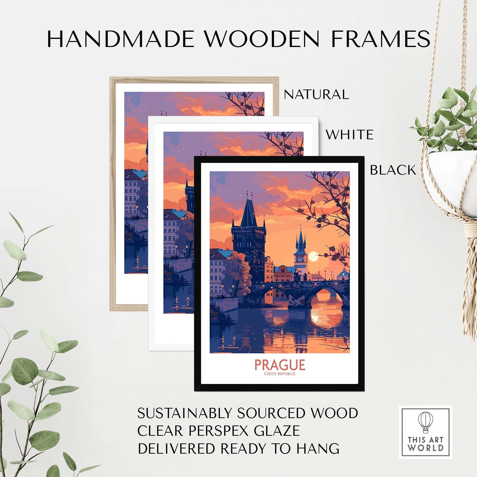 Prague Print displayed in handmade wooden frames in natural, white, and black finishes with clear perspex glaze.