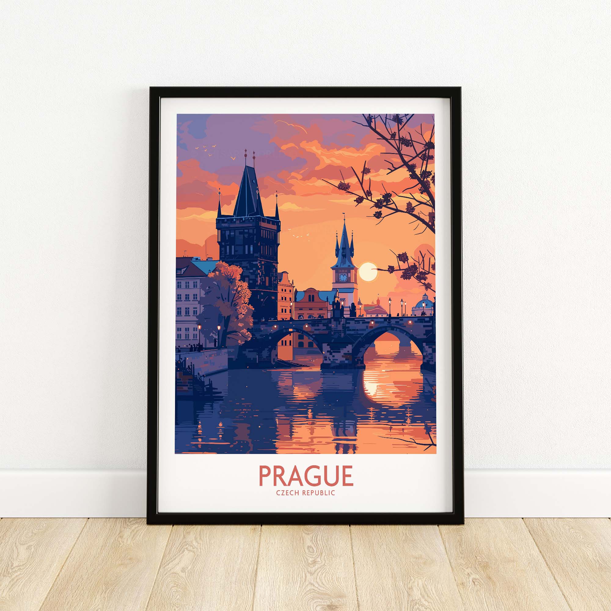 Prague Print showcasing a vibrant sunset over the historic buildings of Prague, Czech Republic, perfect for home decor.