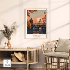 Prague Travel Print showcasing historic architecture and vibrant culture in a stylish home setting.